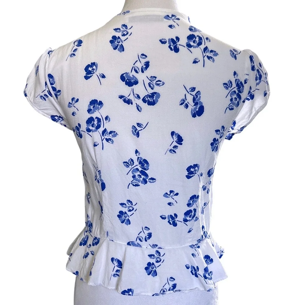 Abercrombie & Fitch‎ Tie Front Top Women Medium White Blue Floral Puff Sleeve